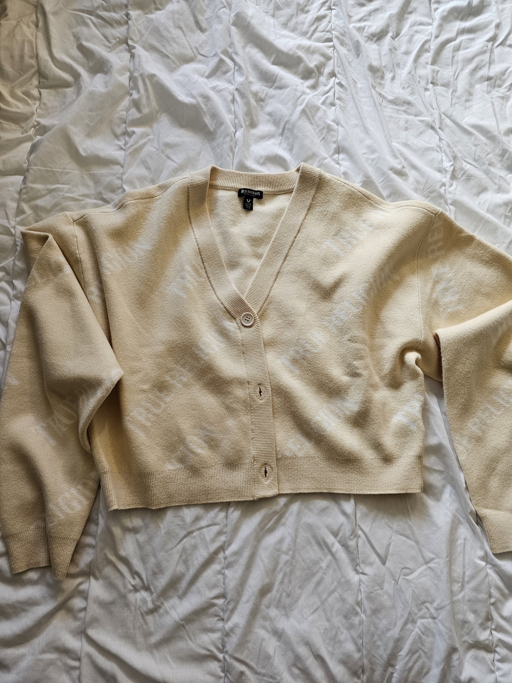 True Religion Cropped V-Neck Cardigan - Cream
